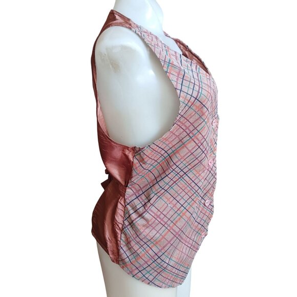 Medium Vintage Boho Corduroy Vest Plaid Satin Tie Back 1970's Pastel Stripes USA - Picture 6 of 7